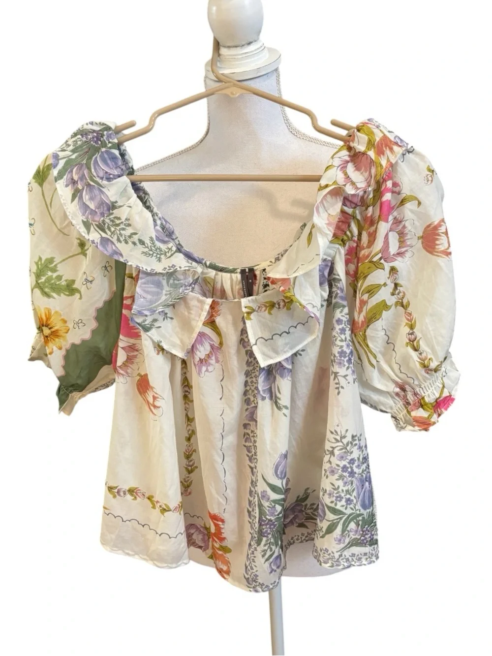 Anthropologie Puff-Sleeve Collared Blouse in Ivory Floral Size M. NWT